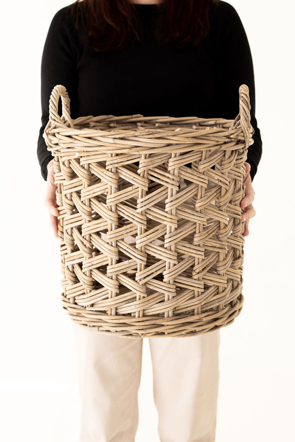 Rattan Cross Weave Round Basket Kubu Grey