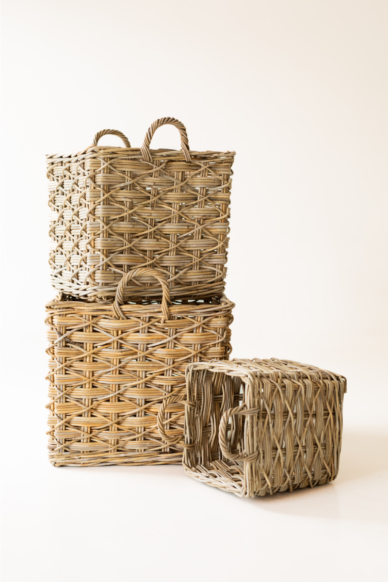 Rattan Square Basket Kubu Grey X Weave