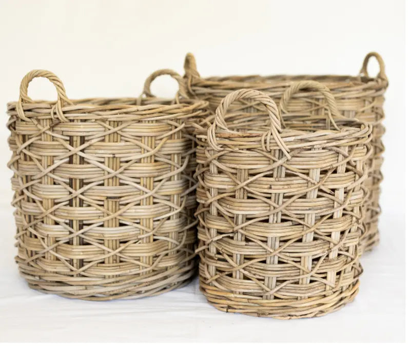 Rattan Round Storage Basket with Handles – X Weave Design Basketly