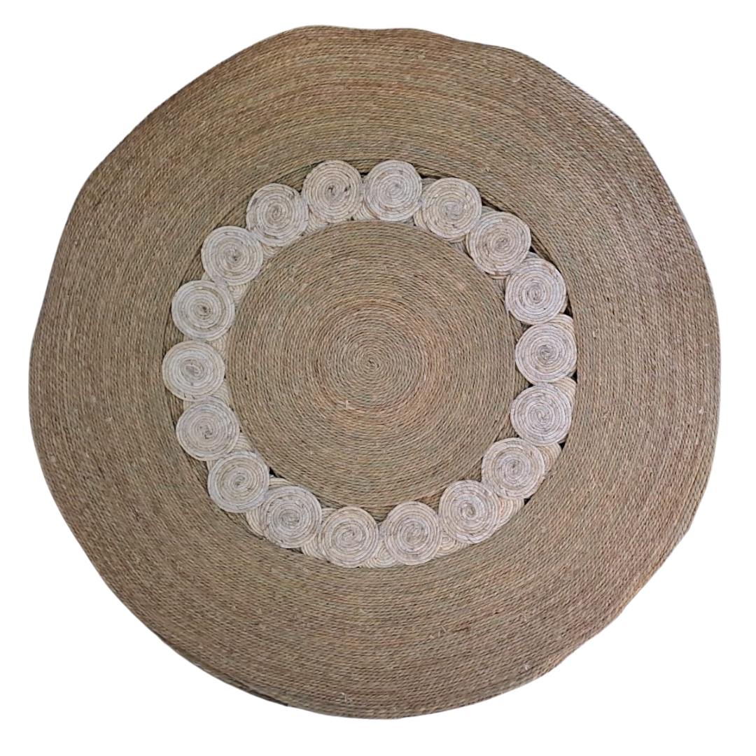 Natural Woven Rug with White Flowers