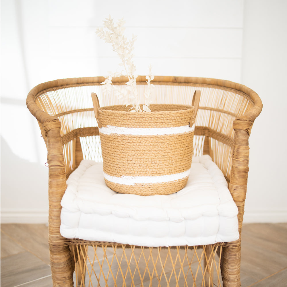Two-Striped Natural Basket with Leather Handles