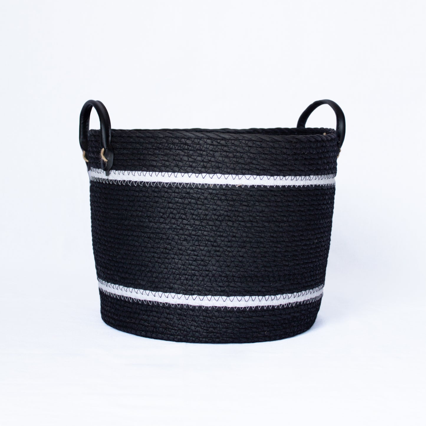 Two-Striped Black Basket with Leather Handles
