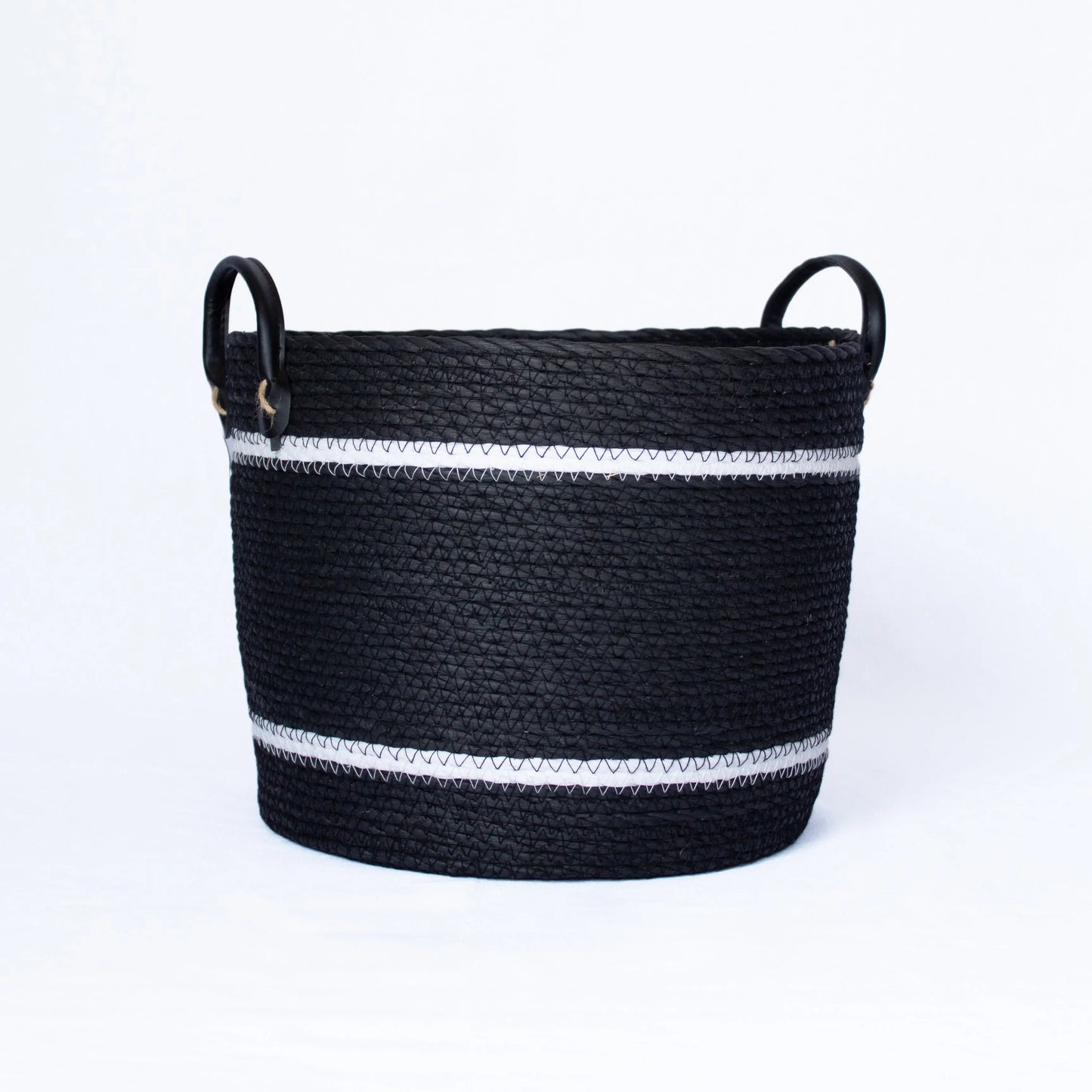 Two-Striped Black Basket with Leather Handles Basketly