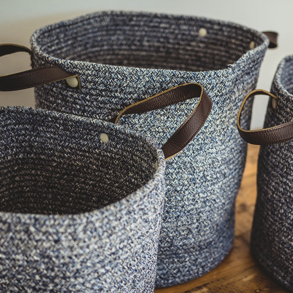 Blue Cotton Basket with Faux Leather Handles