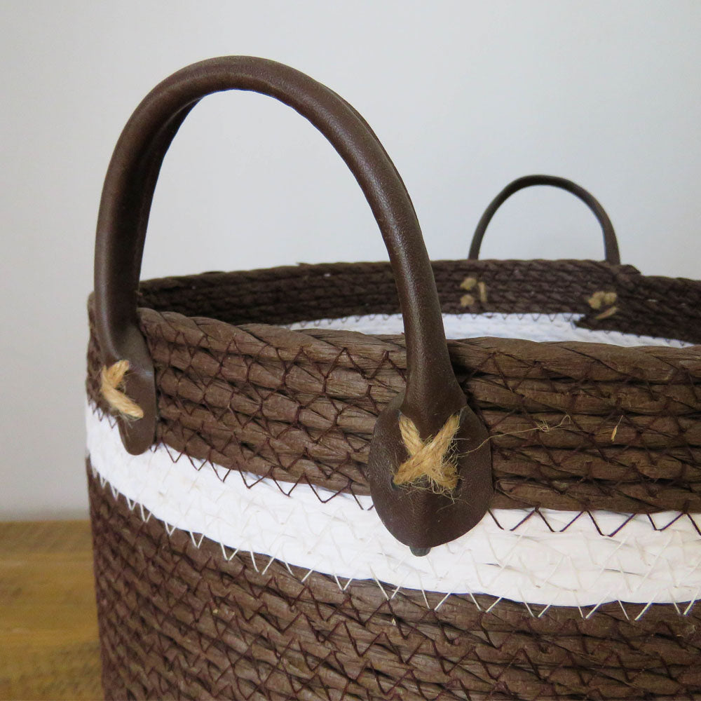 Two-Striped Dark Brown Basket with Leather Handles