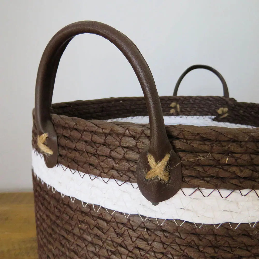 Two-Striped Dark Brown Basket with Leather Handles Basketly