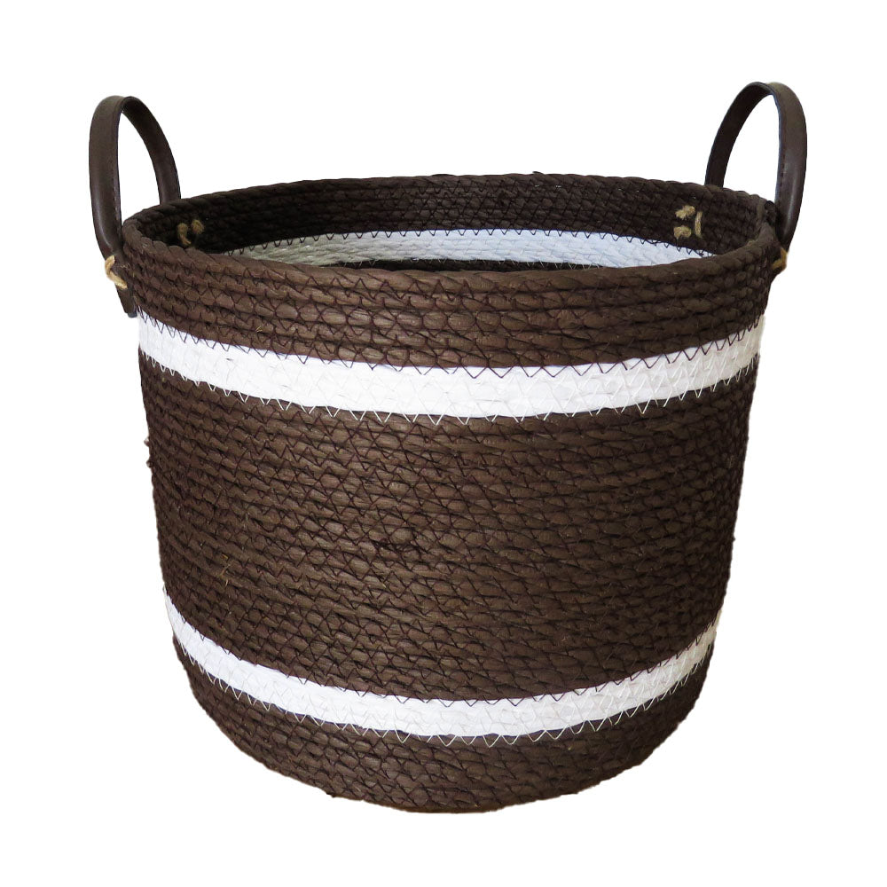 Two-Striped Dark Brown Basket with Leather Handles