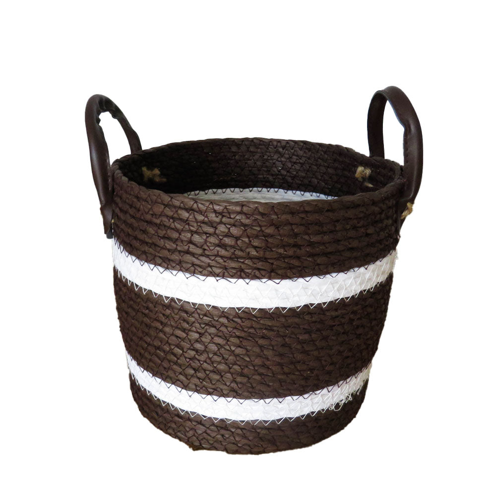 Two-Striped Dark Brown Basket with Leather Handles