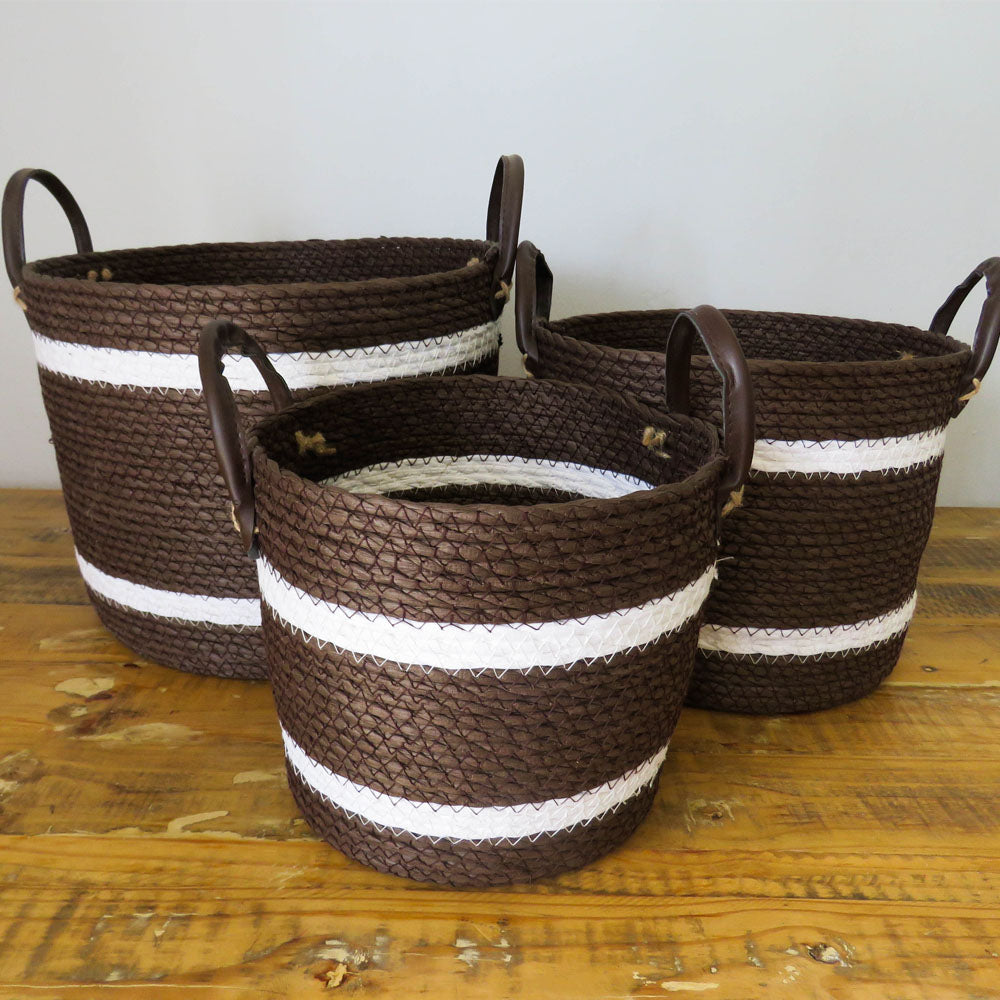 Two-Striped Dark Brown Basket with Leather Handles