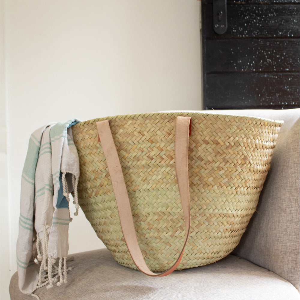 Dolly Palm Leaf Natural Shopper with Flat Leather Straps