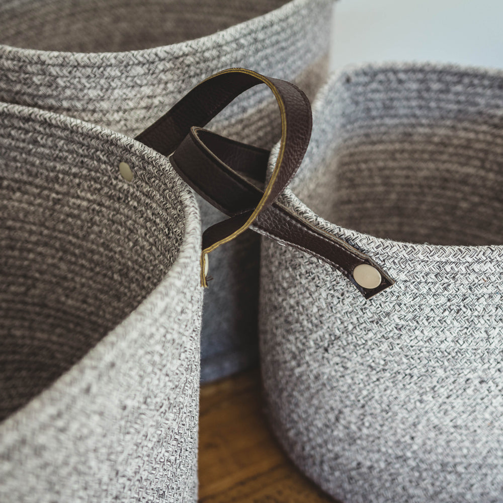 Grey Cotton Basket with Faux Leather Handles