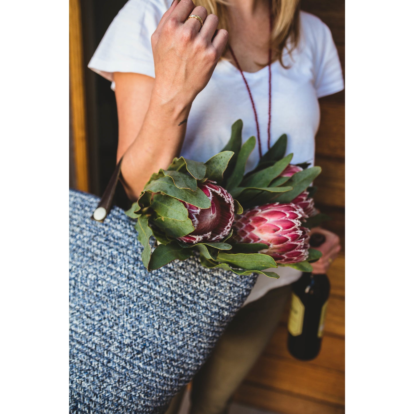 Blue Cotton Basket with Faux Leather Handles