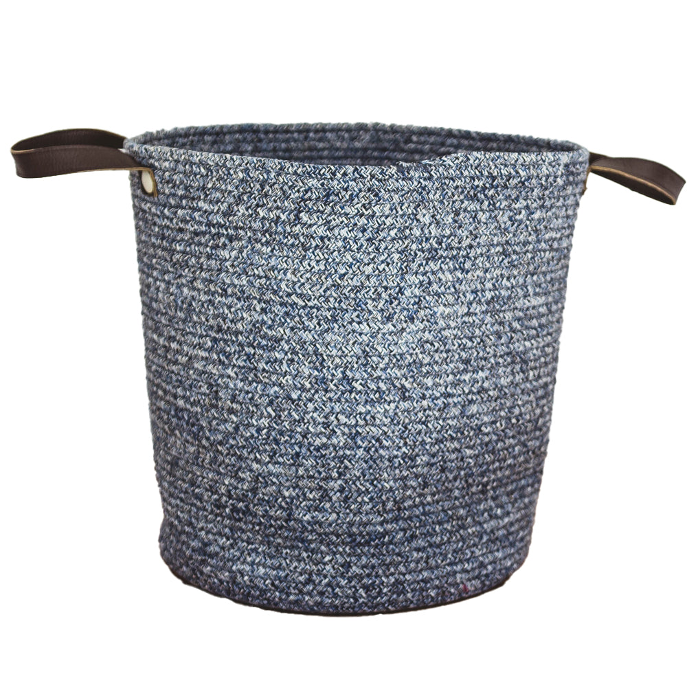Blue Cotton Basket with Faux Leather Handles