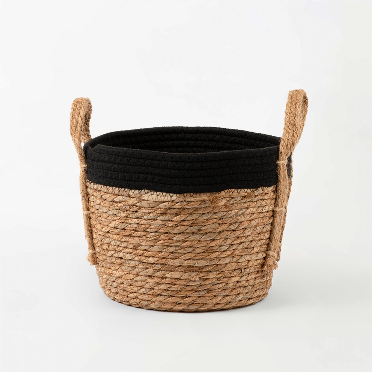 Black rope top basket with grass woven bottom and hemp handles.