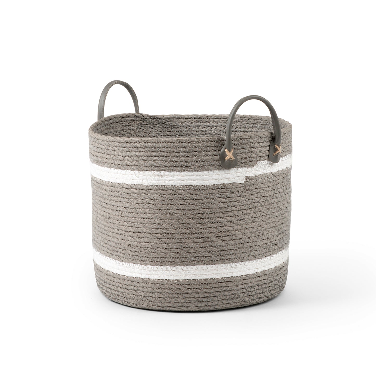 Two-Striped Grey Basket with Leather Handles