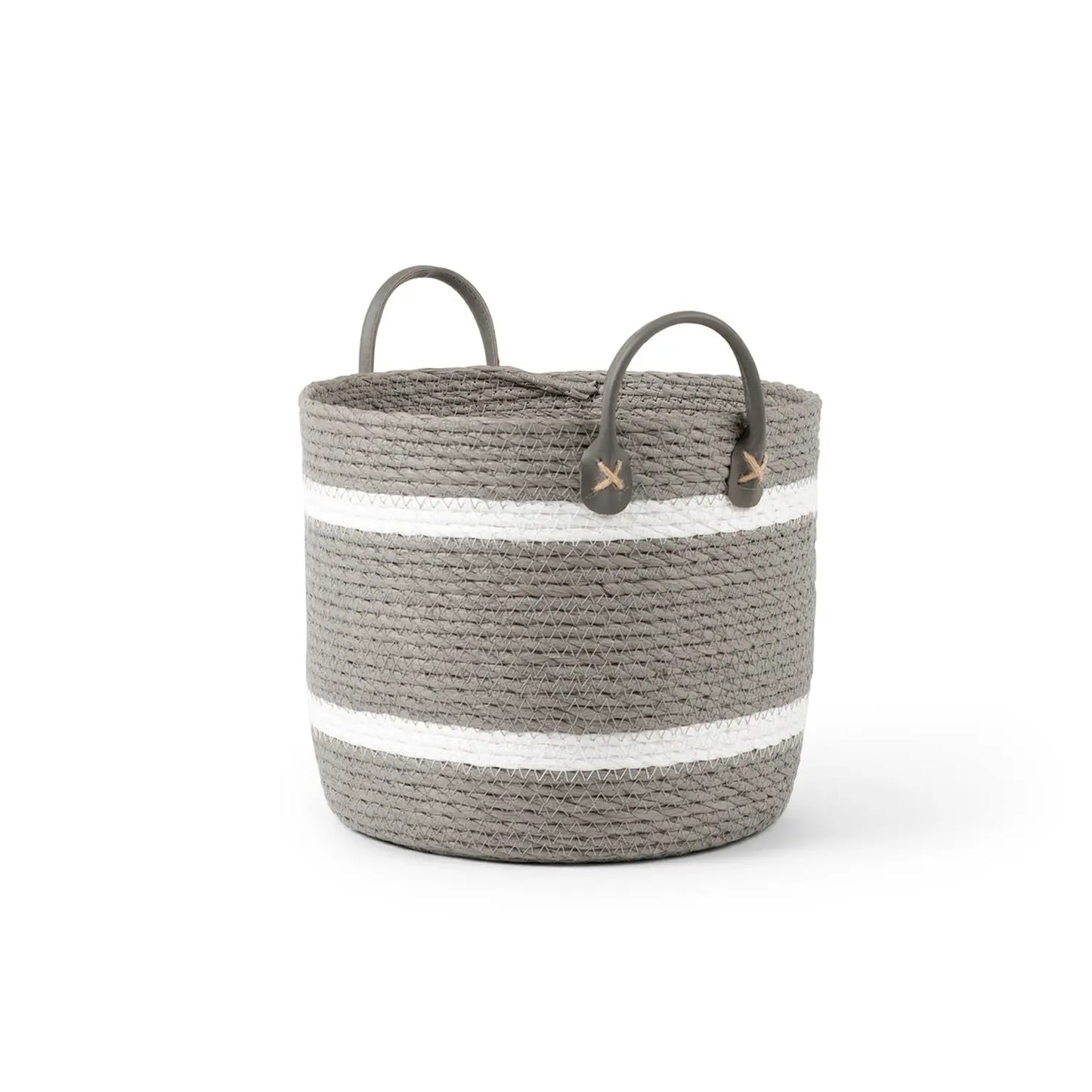 Two-Striped Grey Basket with Leather Handles Basketly
