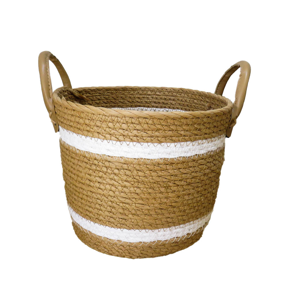 Two-Striped Natural Basket with Leather Handles