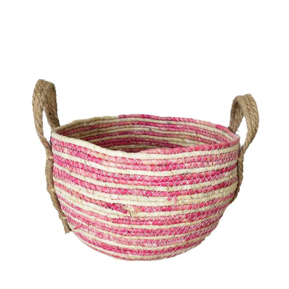Pink Striped Basket with Hemp Handles Basketly