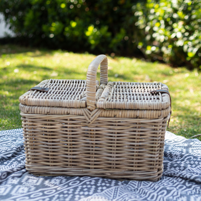 Rattan Picnic Basket with Faux Leather Strap Closure