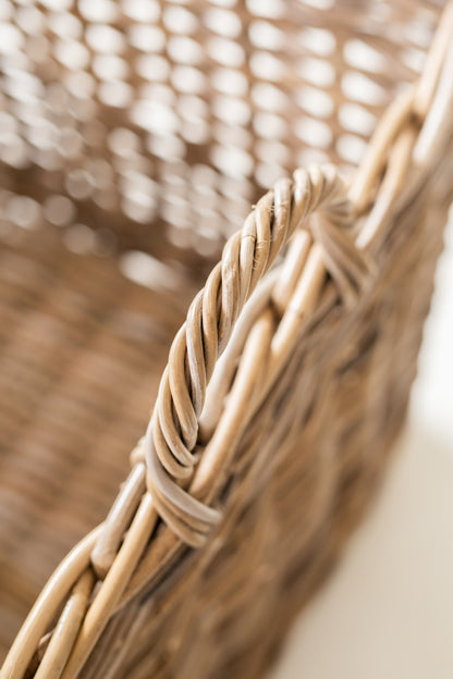 Rattan Square Basket with Handles – close-up of natural kubu grey weave and handle detail | Basketly