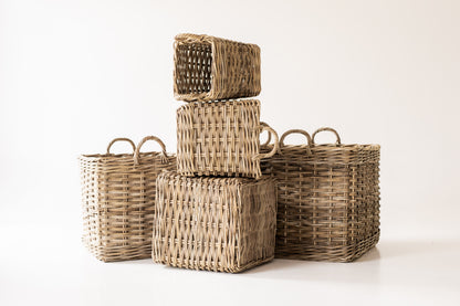 Stack of Rattan Square Storage Basket with Handles on a plain background  – X-Large - XS – front view on white background | Basketly