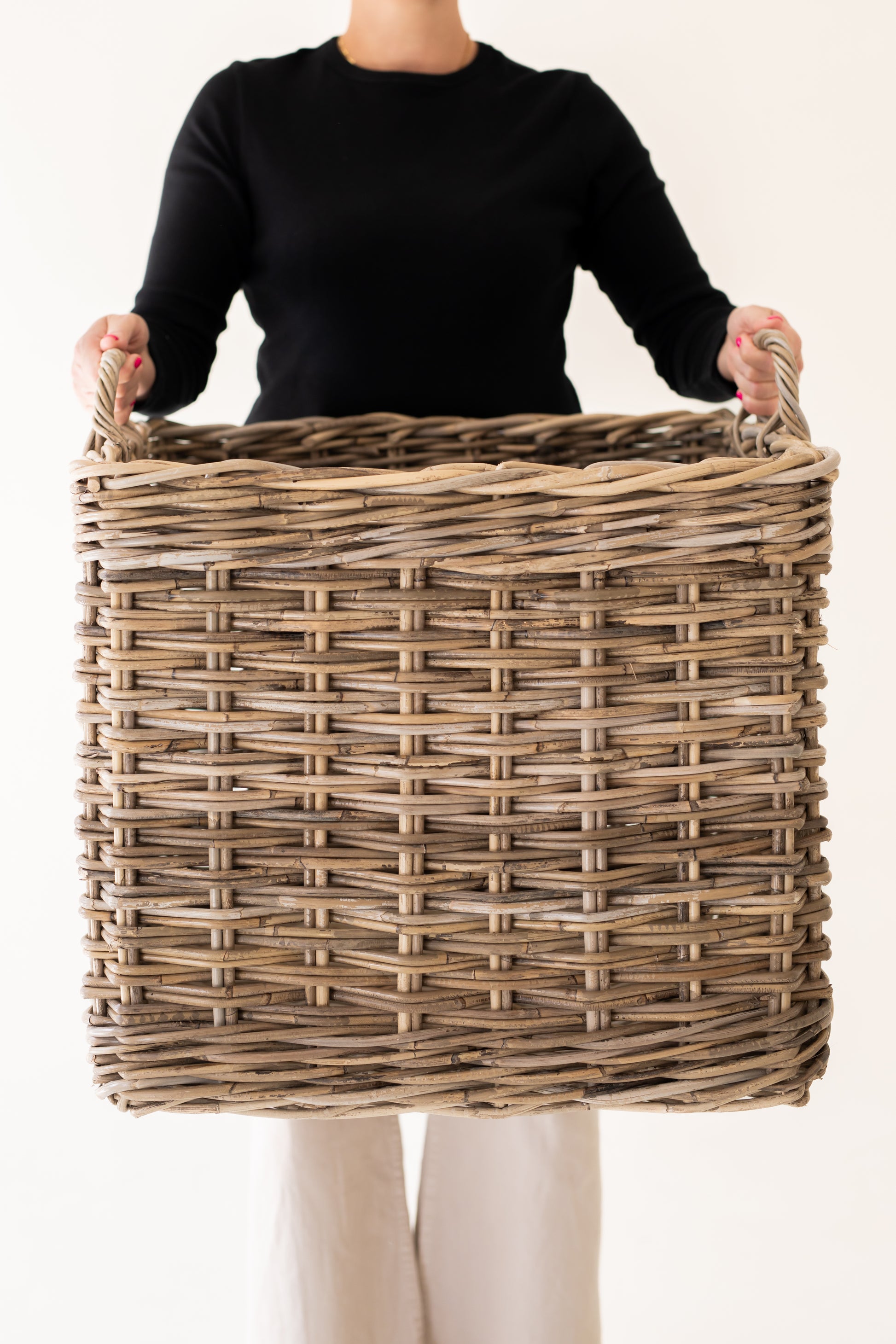 Rattan Square Storage Basket with Handles – Large – front view on white background | Basketly