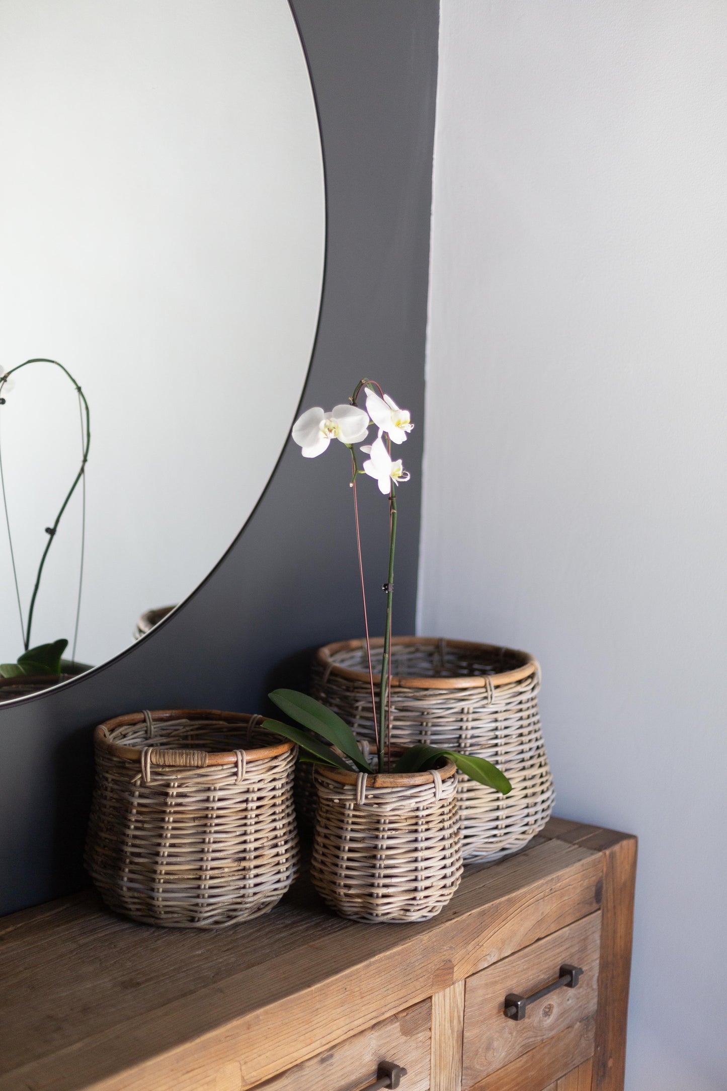 Pre-Order - Rattan Round Storage Basket with Bamboo Edge