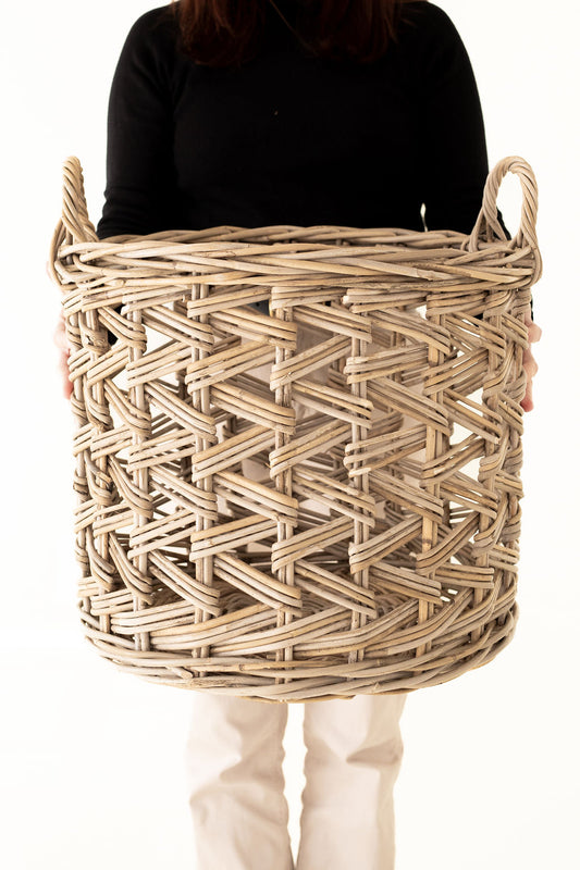 Rattan Cross Weave Round Basket Kubu Grey