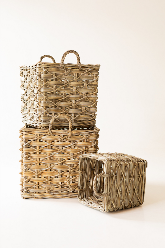 Rattan Square Basket Kubu Grey X Weave
