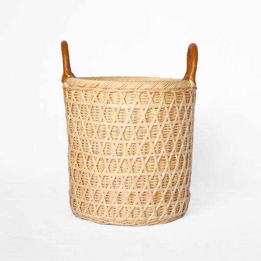 Rattan Round Basket with Faux Leather Handles