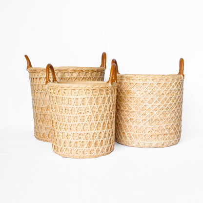 Rattan Round Basket with Faux Leather Handles