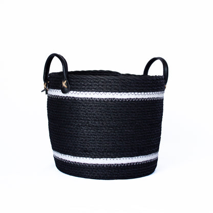Two-Striped Black Basket with Leather Handles