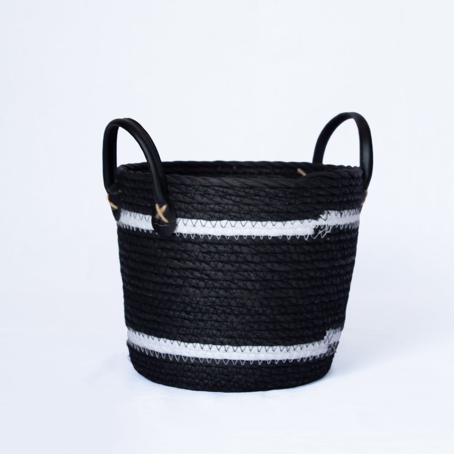 Two-Striped Black Basket with Leather Handles