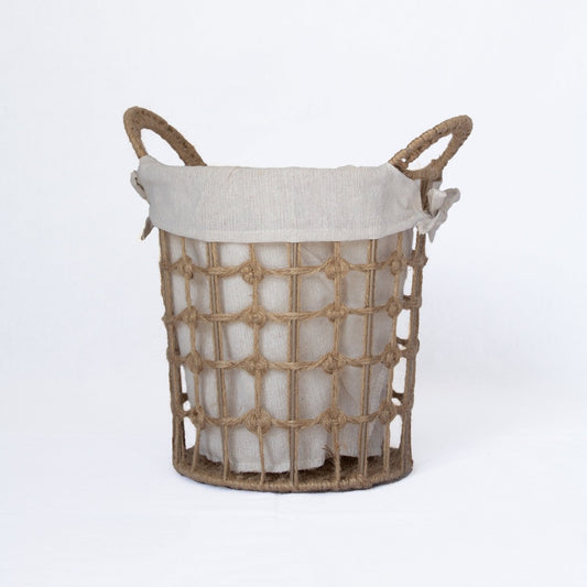 Round Hemp Tied Wire Basket with Hemp Fabric Inner