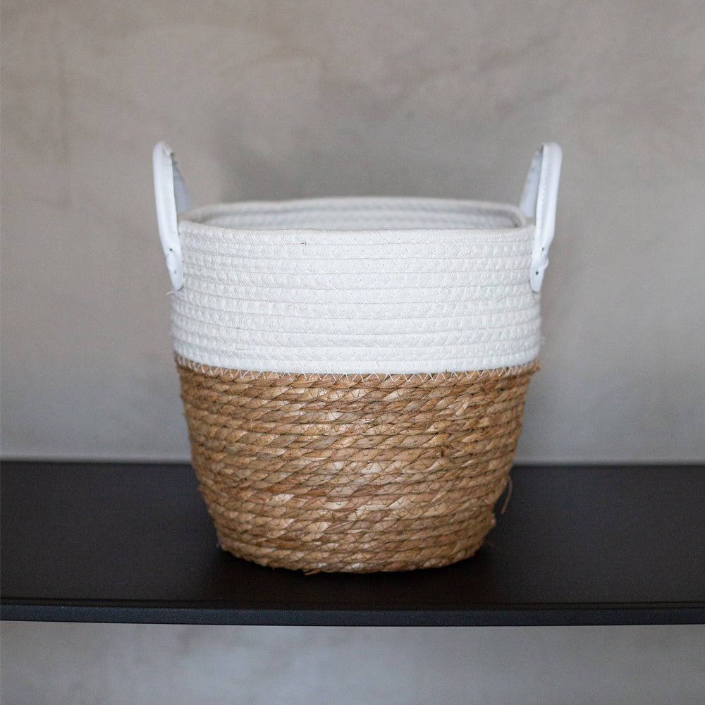 White Two-tone Basket with Leather Handles