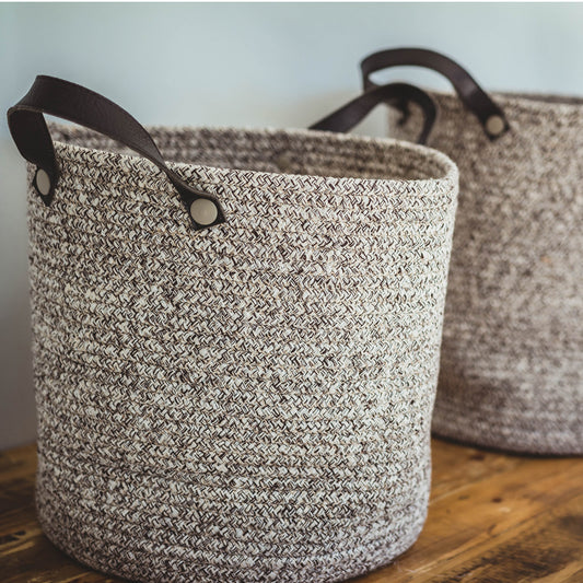 Coffee Cotton Basket with Faux Leather Handles