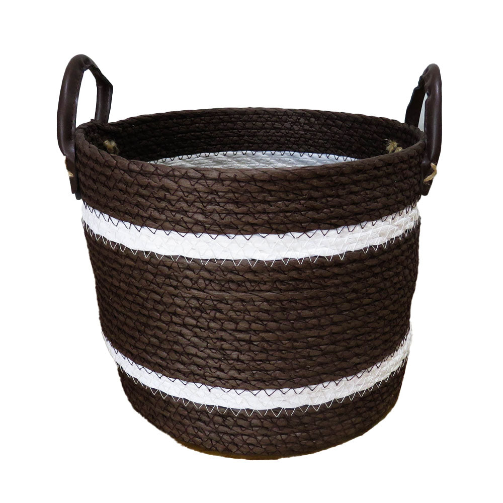 Two-Striped Dark Brown Basket with Leather Handles