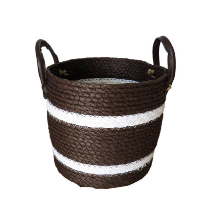 Two-Striped Dark Brown Basket with Leather Handles