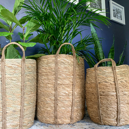 Round Natural Grass Woven Basket with Grass Handle