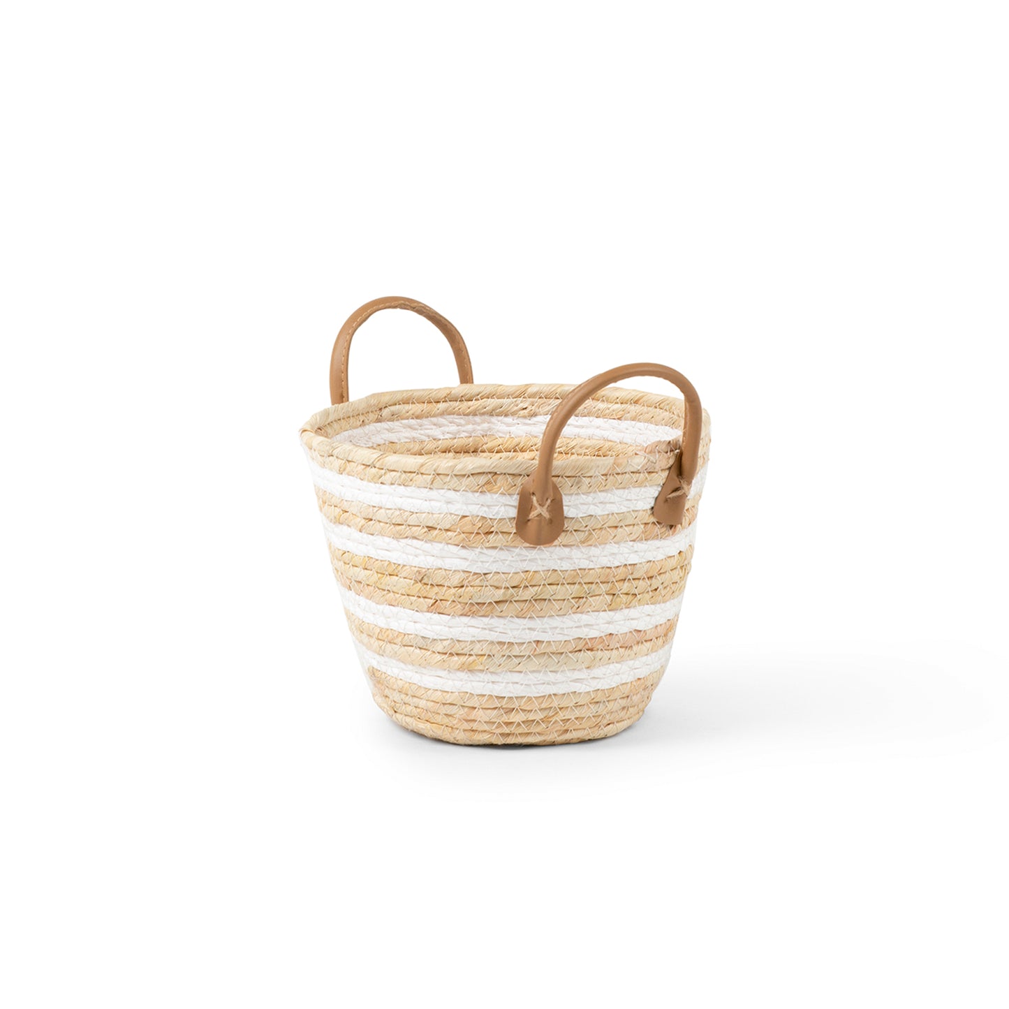 White Stripe Natural Woven Basket with Leather Handle