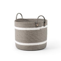 Two-Striped Grey Basket with Leather Handles – Basketly