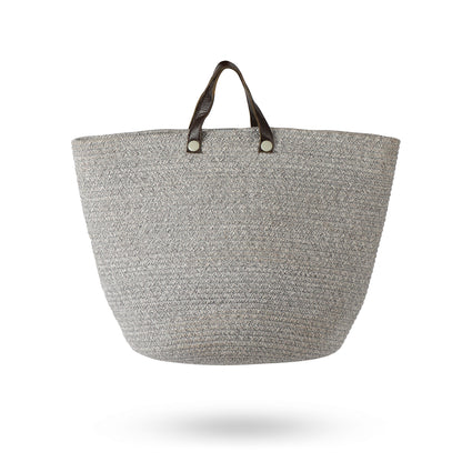 Grey Cotton Basket with Faux Leather Handles