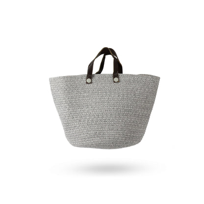 Grey Cotton Basket with Faux Leather Handles