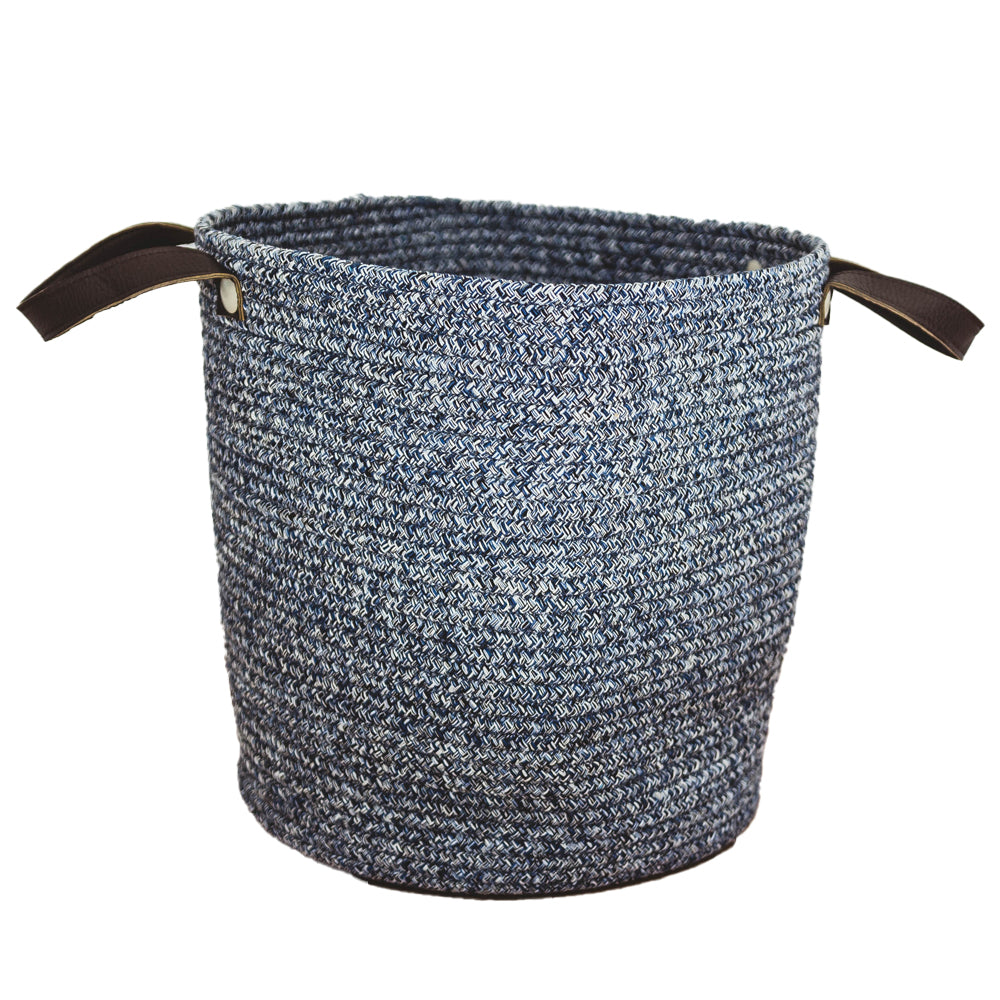 Blue Cotton Basket with Faux Leather Handles