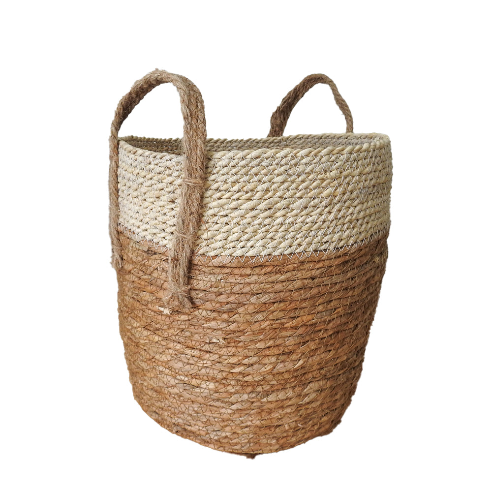 Natural Two-tone Husk Basket with Hemp Handles