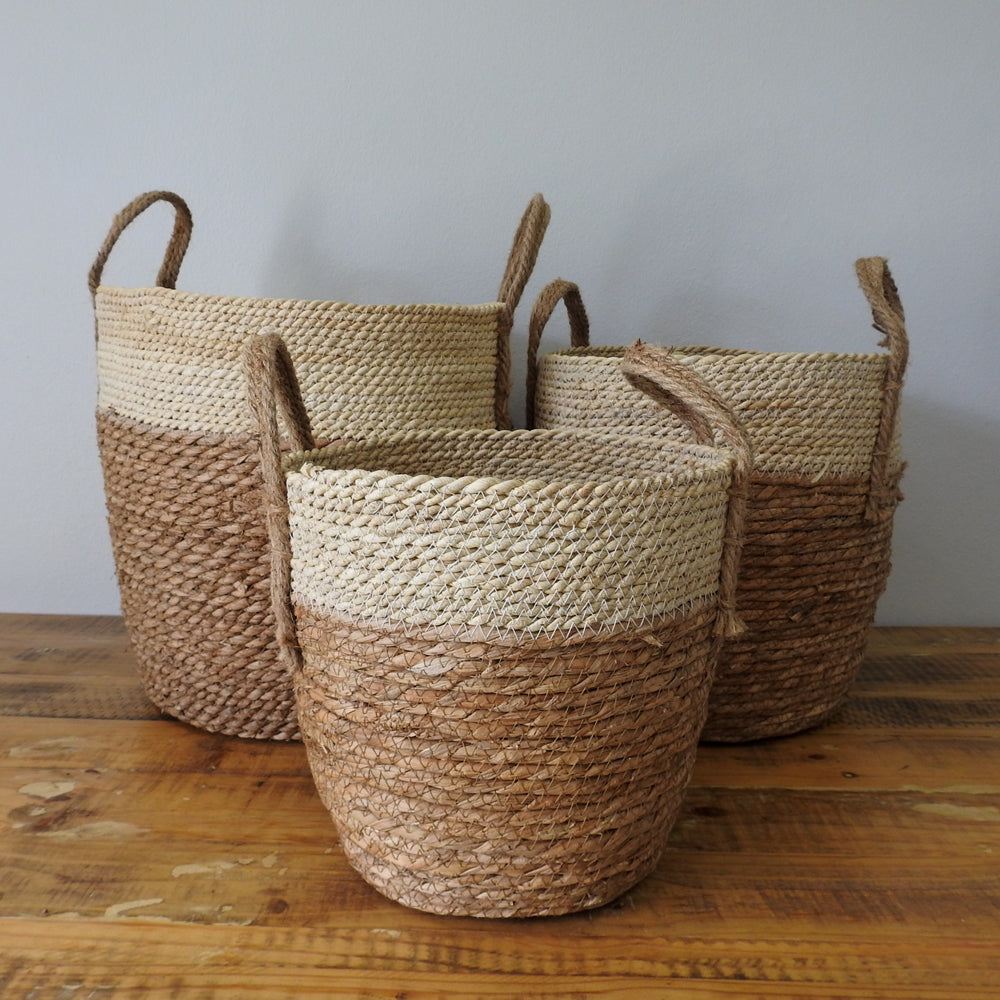 Natural Two-tone Husk Basket with Hemp Handles