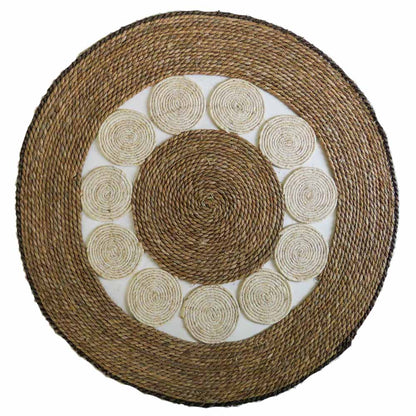Natural and White Flower Woven Rug With Black Trim