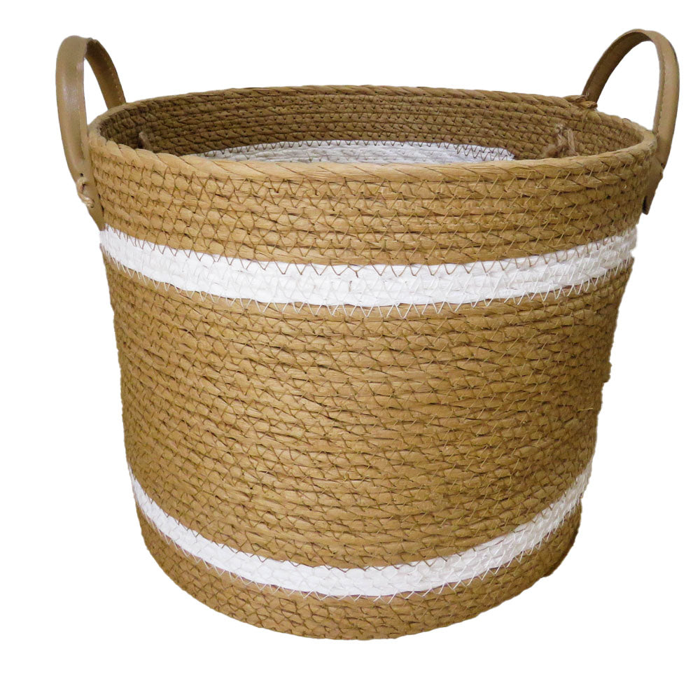 Two-Striped Natural Basket with Leather Handles