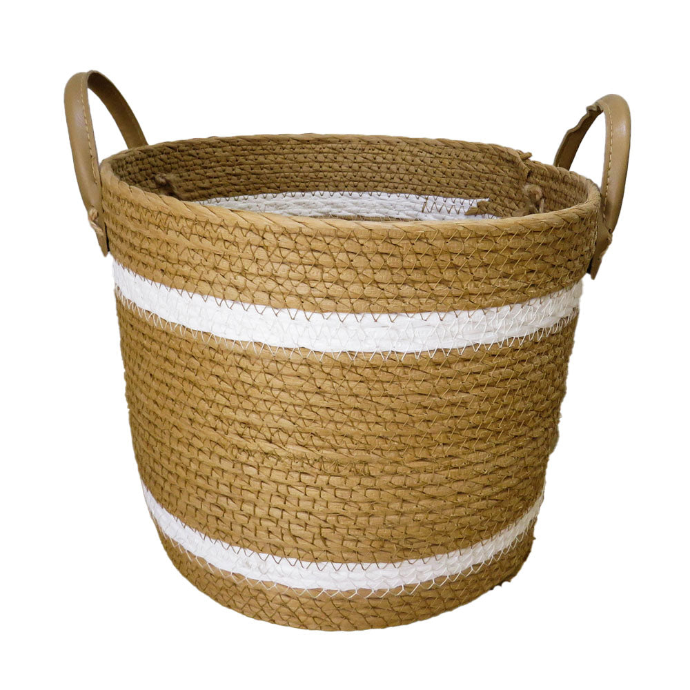 Two-Striped Natural Basket with Leather Handles