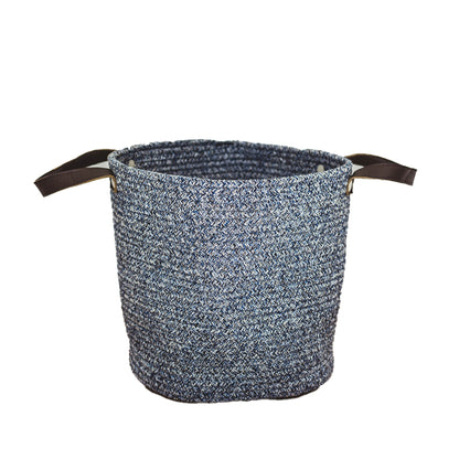 Blue Cotton Basket with Faux Leather Handles